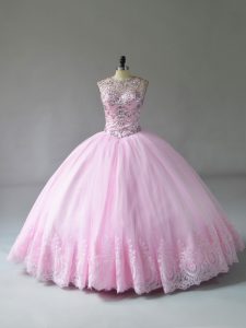 Beauteous Baby Pink Lace Up Scoop Beading and Appliques Sweet 16 Dresses Tulle Sleeveless