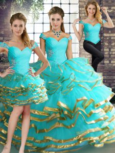 Modern Aqua Blue Sleeveless Floor Length Beading and Ruffled Layers Lace Up Ball Gown Prom Dress