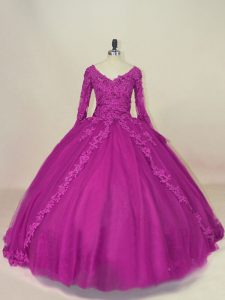 Hot Selling Fuchsia V-neck Lace Up Lace and Appliques Quinceanera Dress Long Sleeves