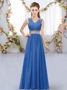 New Style Empire Dama Dress Blue V-neck Chiffon Sleeveless Floor Length Lace Up