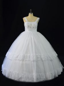 Straps Sleeveless Lace Up Quinceanera Dresses White Tulle