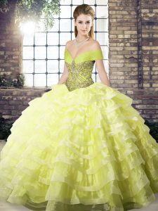 Organza Off The Shoulder Sleeveless Brush Train Lace Up Beading and Ruffled Layers Ball Gown Prom Dress in Yellow