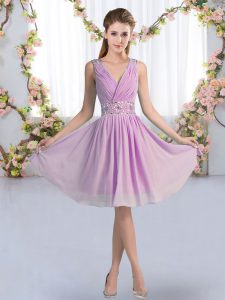 Empire Quinceanera Dama Dress Lavender V-neck Chiffon Sleeveless Knee Length Zipper