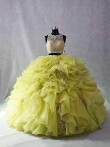 Yellow Green Two Pieces Scoop Sleeveless Organza and Sequined Brush Train Zipper Beading and Ruffles Quinceanera Dresses