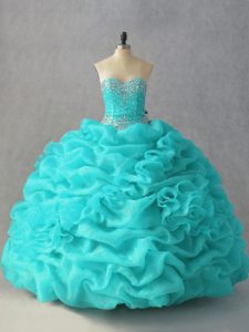 Aqua Blue Sleeveless Organza Lace Up Sweet 16 Quinceanera Dress for Sweet 16 and Quinceanera