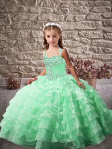 Apple Green Sleeveless Beading and Ruffled Layers Lace Up Little Girl Pageant Dress