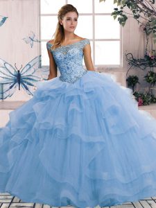 Smart Blue Ball Gowns Off The Shoulder Sleeveless Tulle Floor Length Lace Up Beading and Ruffles Quinceanera Dress