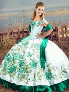 Floor Length Green Quinceanera Gowns Satin and Organza Sleeveless Embroidery and Ruffles