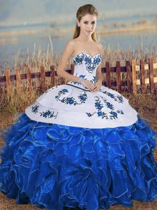 Sweetheart Sleeveless Lace Up Sweet 16 Dresses Blue And White Organza