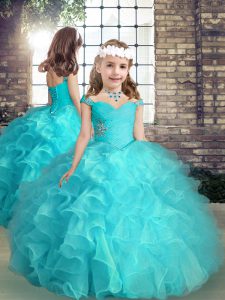 Sleeveless Organza High Low Lace Up Pageant Gowns For Girls in Aqua Blue with Beading and Ruffles