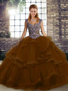 Smart Brown Ball Gowns Tulle Straps Sleeveless Beading and Ruffles Floor Length Lace Up Vestidos de Quinceanera