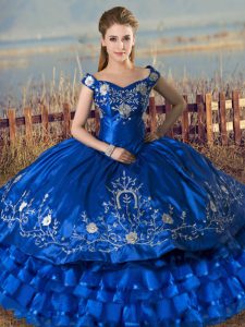 Off The Shoulder Sleeveless 15 Quinceanera Dress Floor Length Embroidery and Ruffled Layers Royal Blue Satin and Organza