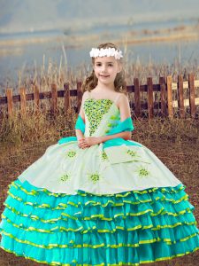 Glorious Aqua Blue Straps Lace Up Beading and Embroidery and Ruffled Layers Little Girls Pageant Dress Sleeveless