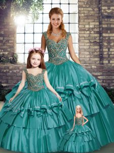 Teal Straps Lace Up Beading and Ruffled Layers Sweet 16 Dress Sleeveless