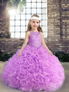 Lilac Ball Gowns Scoop Sleeveless Fabric With Rolling Flowers Floor Length Lace Up Beading Pageant Gowns For Girls