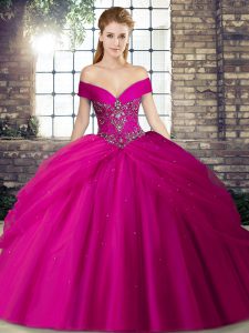 Ideal Fuchsia Quinceanera Dress Military Ball and Sweet 16 and Quinceanera with Beading and Pick Ups Off The Shoulder Sleeveless Brush Train Lace Up