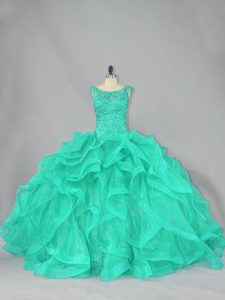 Cute Turquoise Ball Gowns Organza Scoop Sleeveless Beading and Ruffles Floor Length Lace Up Quinceanera Gowns