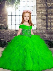 Trendy Straps Sleeveless Kids Pageant Dress Floor Length Beading and Ruffles Green Tulle