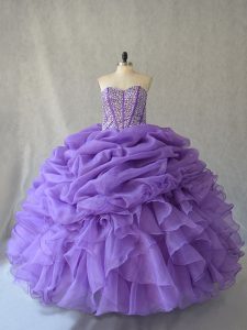 Floor Length Lavender 15th Birthday Dress Sleeveless Beading and Ruffles and Pick Ups