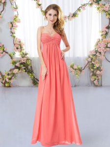 Glittering Sleeveless Floor Length Ruching Zipper Court Dresses for Sweet 16 with Watermelon Red