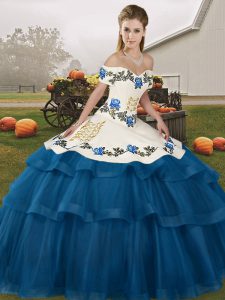 Clearance Blue Ball Gowns Embroidery and Ruffled Layers Quinceanera Gown Lace Up Tulle Sleeveless