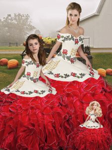 Sexy White And Red Organza Lace Up Sweet 16 Dress Sleeveless Floor Length Embroidery and Ruffles
