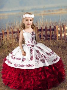 Nice Floor Length Ball Gowns Sleeveless Wine Red Little Girls Pageant Gowns Lace Up