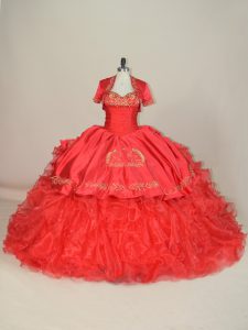 Luxury Sweetheart Sleeveless Satin and Organza Vestidos de Quinceanera Embroidery and Ruffles Brush Train Lace Up