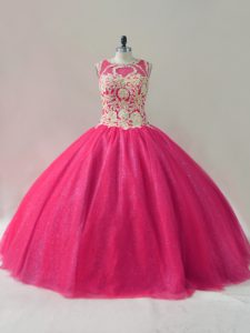 Ball Gowns Quinceanera Dresses Hot Pink Scoop Tulle Sleeveless Floor Length Lace Up