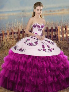 Floor Length Lace Up Sweet 16 Dress Fuchsia for Military Ball and Sweet 16 and Quinceanera with Embroidery and Ruffled Layers and Bowknot