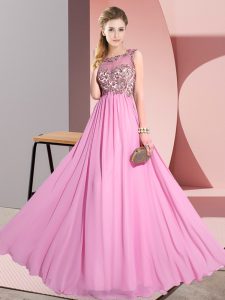 Chic Sleeveless Chiffon Floor Length Backless Vestidos de Damas in Rose Pink with Beading and Appliques