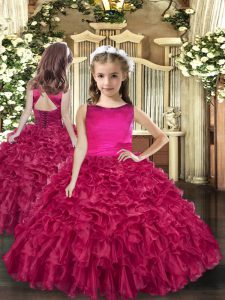Fuchsia Lace Up Little Girl Pageant Gowns Ruffles Sleeveless Floor Length