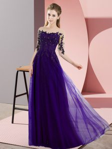 Fabulous Purple Chiffon Lace Up Bateau Half Sleeves Floor Length Quinceanera Court of Honor Dress Beading and Lace