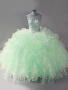 Halter Top Sleeveless Lace Up Sweet 16 Quinceanera Dress Apple Green Tulle