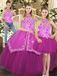 Fuchsia 15 Quinceanera Dress Military Ball and Sweet 16 and Quinceanera with Embroidery Halter Top Sleeveless Lace Up