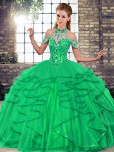 Sleeveless Floor Length Beading and Ruffles Lace Up 15th Birthday Dress with Green