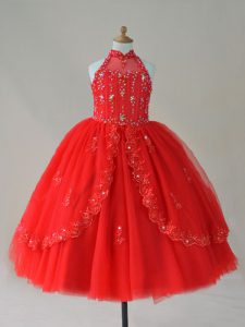 Trendy Sleeveless Floor Length Beading and Appliques Lace Up Pageant Gowns For Girls with Red