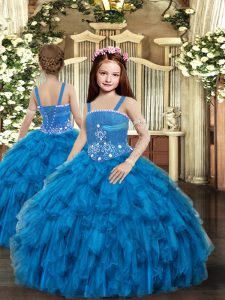 Excellent Blue Tulle Lace Up Straps Sleeveless Floor Length Little Girls Pageant Dress Wholesale Beading