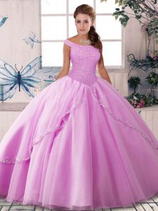 Admirable Tulle Off The Shoulder Sleeveless Brush Train Lace Up Beading Quinceanera Dresses in Lilac