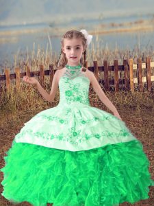 Most Popular Floor Length Lace Up Kids Pageant Dress Green for Wedding Party with Beading and Embroidery and Ruffles