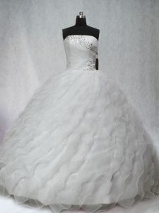 Brush Train Ball Gowns 15 Quinceanera Dress White Strapless Organza Sleeveless Lace Up
