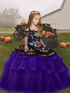 Purple Lace Up Little Girl Pageant Gowns Embroidery and Ruffles Sleeveless Floor Length