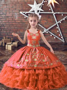 Pretty Orange Red Satin and Organza Lace Up Straps Sleeveless Floor Length Little Girls Pageant Dress Wholesale Embroidery and Ruffled Layers