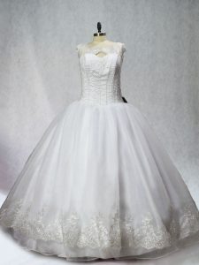 Hot Sale Floor Length White Quince Ball Gowns Organza Sleeveless Beading and Appliques