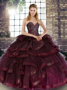 Sweetheart Sleeveless Lace Up Quinceanera Dress Burgundy Tulle