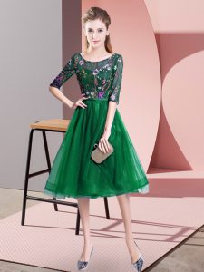 Dark Green Half Sleeves Tulle Lace Up Quinceanera Dama Dress for Wedding Party