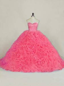 Customized Red Sleeveless Fabric With Rolling Flowers Court Train Lace Up Quinceanera Dress for Sweet 16 and Quinceanera