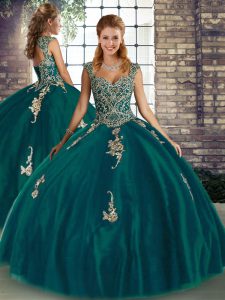 Sumptuous Peacock Green Quinceanera Gowns Military Ball and Sweet 16 and Quinceanera with Beading and Appliques Straps Sleeveless Lace Up