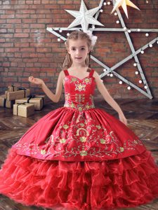 Stylish Floor Length Lace Up Child Pageant Dress Red for Wedding Party with Embroidery and Ruffled Layers