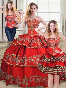 Red Satin and Organza Lace Up Quinceanera Gowns Sleeveless Floor Length Embroidery and Ruffled Layers